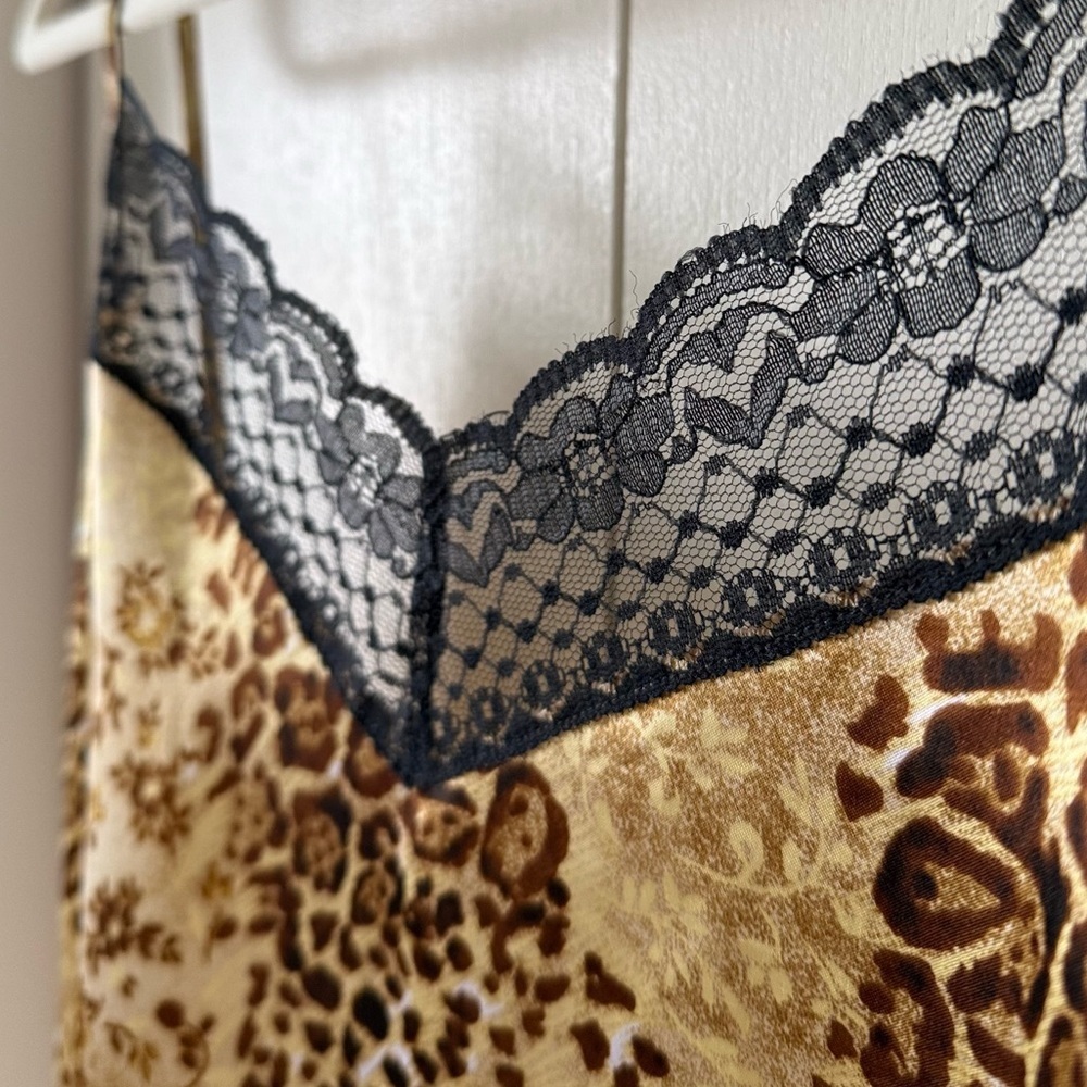 Vintage Leopard Print Maxi Slip Dress or Chemise with Black Lace Trim Size XL - Picture 7 of 9